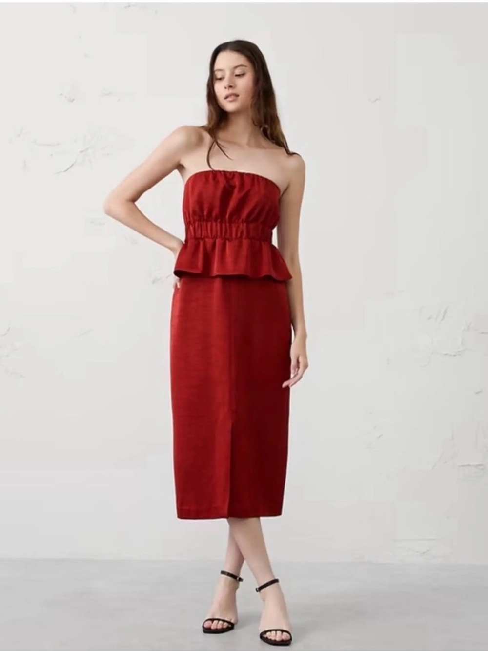 Banana Republic Factory Burnt Orange Peplum Strapless Midi Dress Size 8